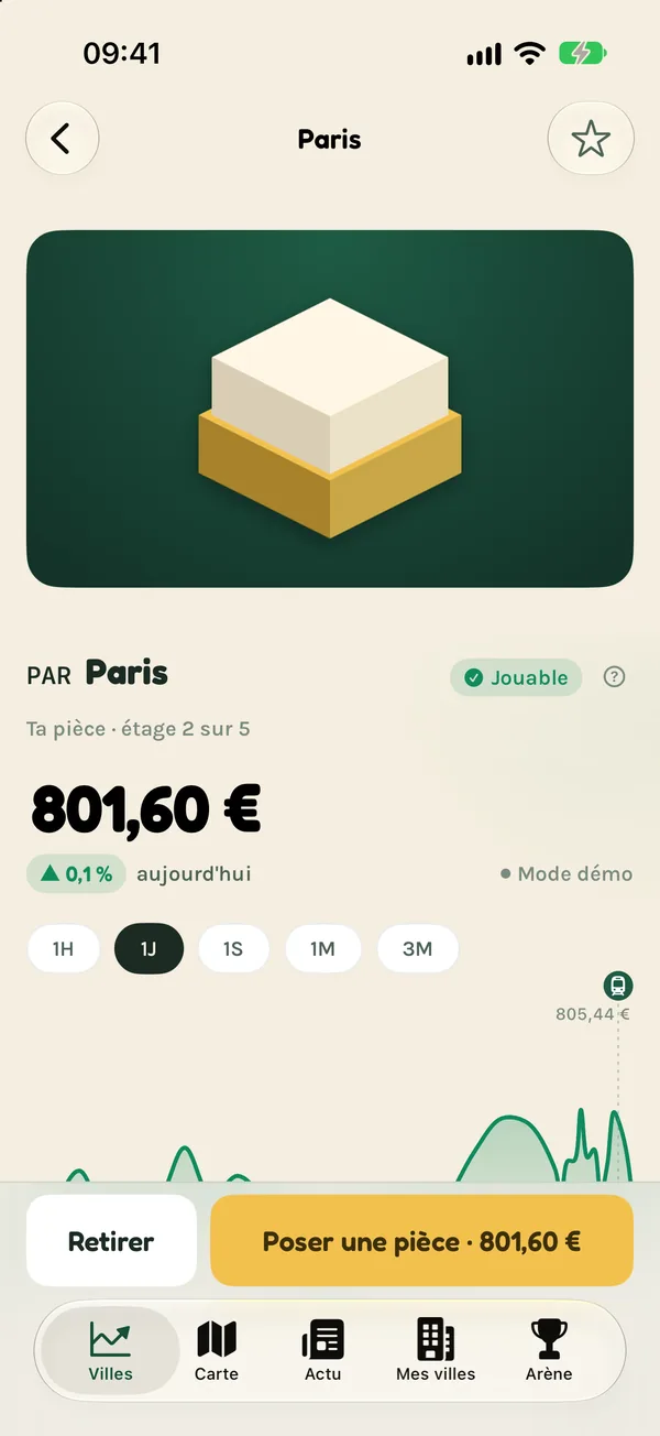 La fiche de Paris : prix à 118,42 €, hausse de 0,7 % aujourd’hui, pièce dorée à l’étage 2 sur 5, courbe de prix sur 1 jour, statut « Jouable »