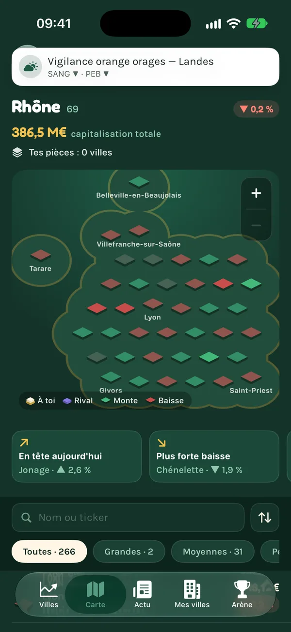 Carte satellite de la France avec des pièces dorées sur Paris et Lyon, pastilles vertes ou rouges selon la tendance des autres villes