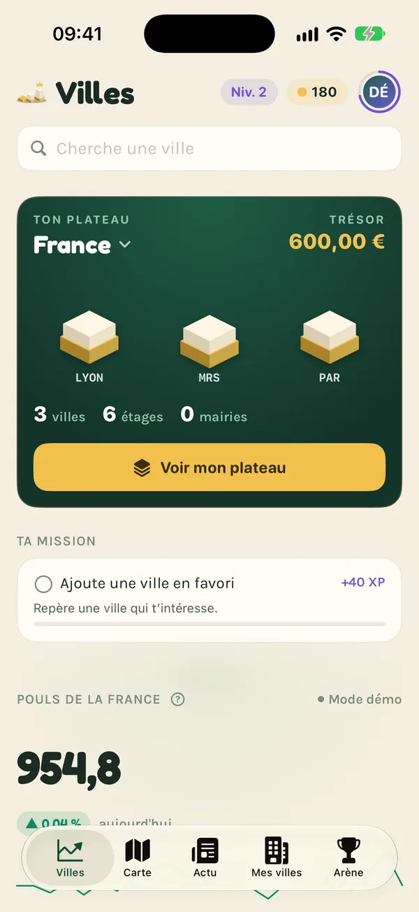 Towndom sur iPhone : l’onglet Villes, ton plateau France, 3 villes, 7 700 € de trésor