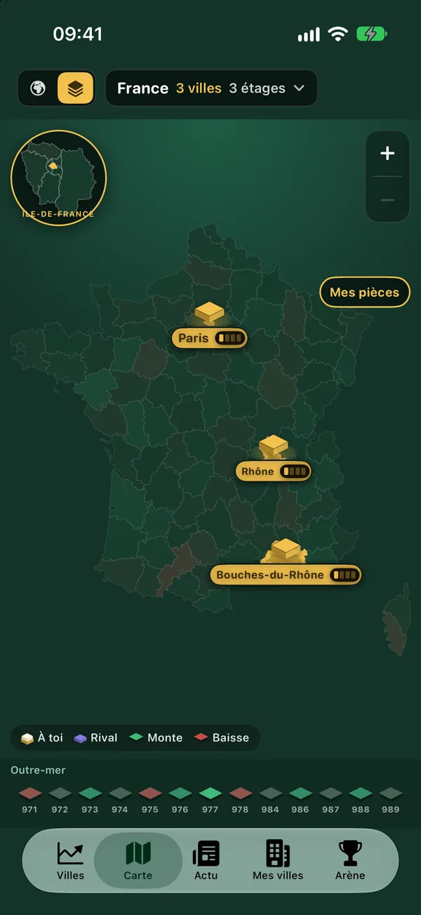 Le plateau isométrique de la France avec les départements en pastilles vertes ou rouges selon leur tendance, Paris, Rhône et Bouches-du-Rhône marqués en or comme possédés